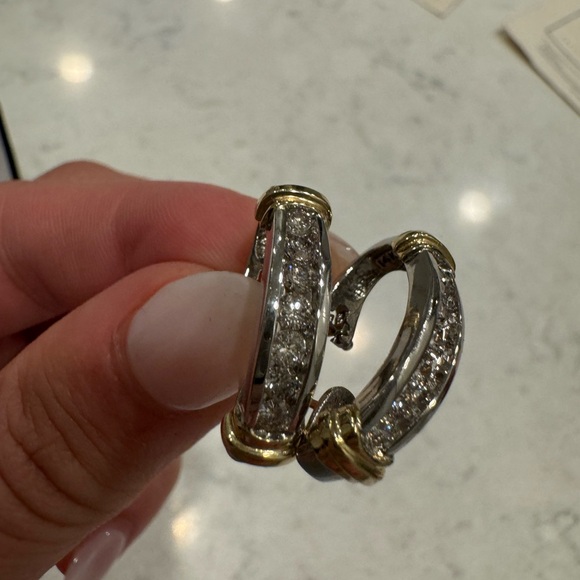 Omega-Back Two-Tone 14K gold Diamond Earrings - Picture 15 of 16